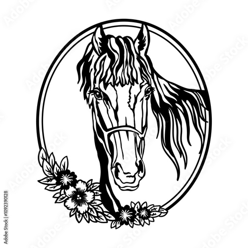 Head of horse with flowers and leaves. Vector illustration