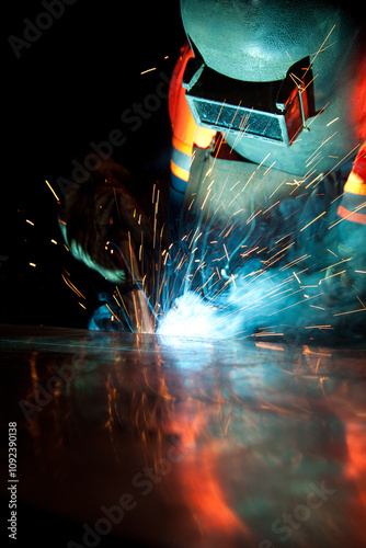 Welder uses torch to make sparks during manufacture of metal equipment, industrial professional worker