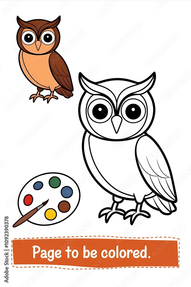 Obraz premium Cheerful Cartoon Owl Coloring and Illustration, Owl Matching Line Art for Kids' Activities or Educational Fun.