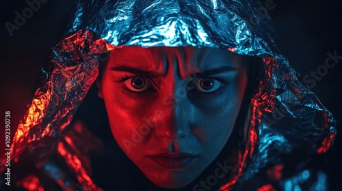 Individual wearing a reflective tin foil hat with an intense expression, evoking themes of paranoia and conspiracy in a dramatic lighting setup. photo