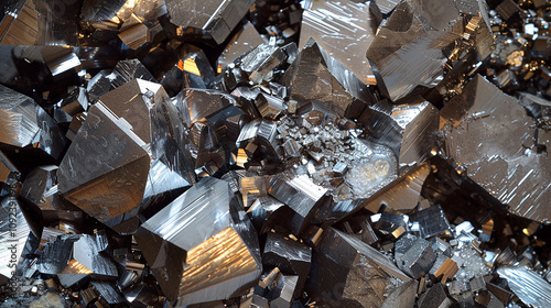 A heap of gleaming hematite crystals, their metallic luster reflecting the surrounding light.