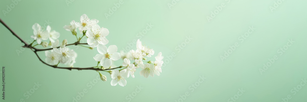 Fototapeta premium Close-up of white flowering branch with green leaves on soft green background.
