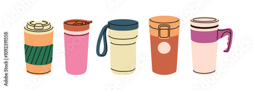 Travel mugs, thermo cups set. Eco-friendly drinkware, own tumblers with lids for hot beverages, coffee and tea. Reusable insulated bottles. Flat vector illustration isolated on white background