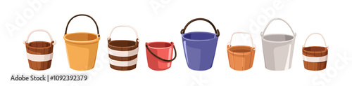 Buckets set. Metal, wooden and plastic containers with handles for household, gardening. Empty modern and old pails, domestic mop tools. Flat vector illustration isolated on white background