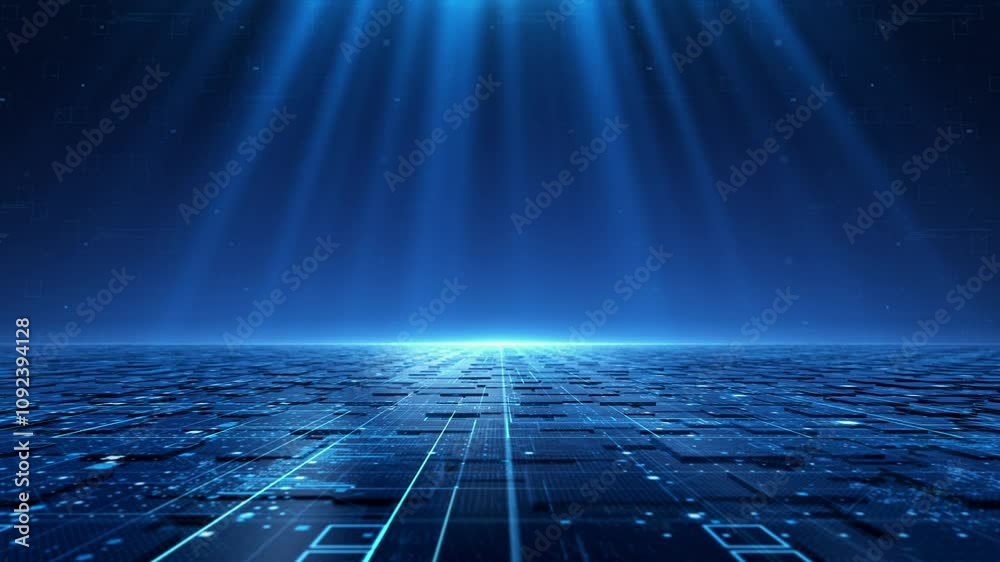 Blue technology block horizon moves forward continuously with grids and lines. There is flowing light at the top, future technological background, you can place on it your logo or text in the top.