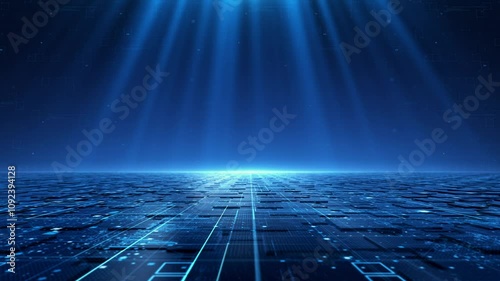 Blue technology block horizon moves forward continuously with grids and lines. There is flowing light at the top, future technological background, you can place on it your logo or text in the top.