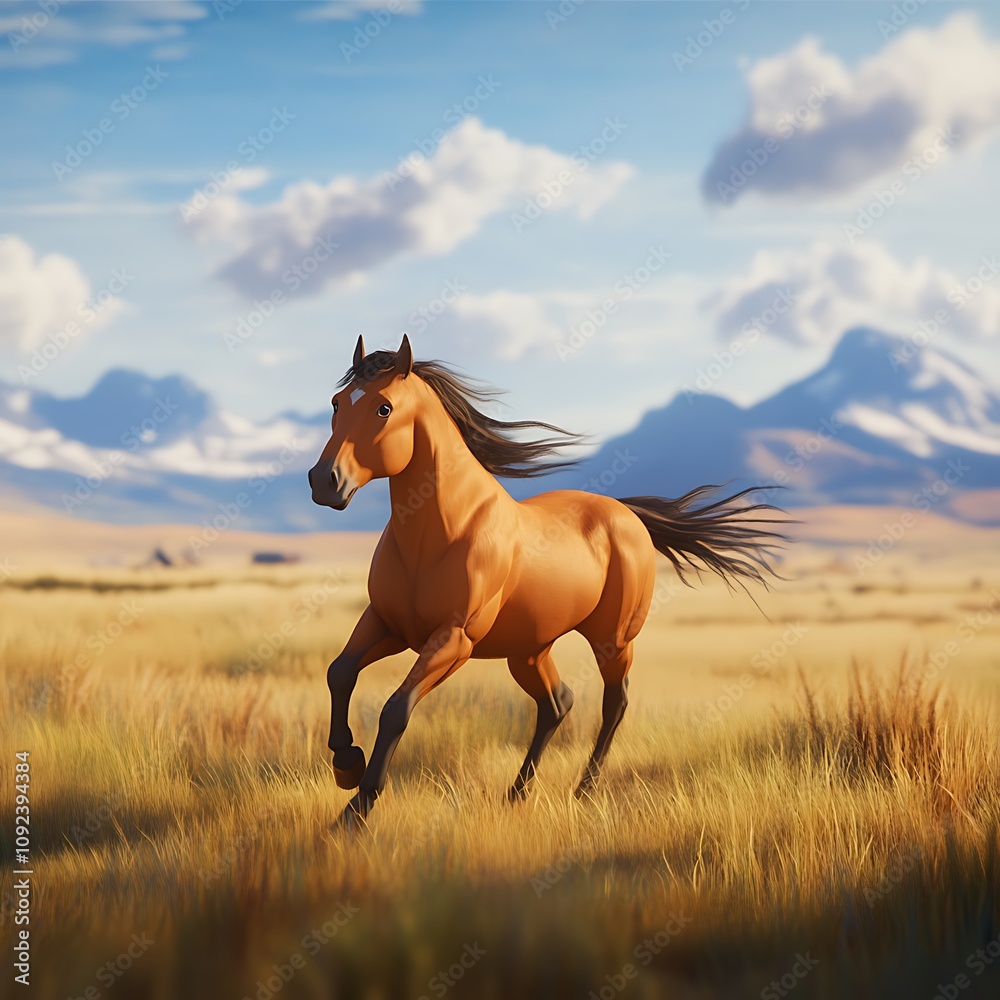 Majestic horse gallops across the open field under a bright blue sky and majestic mountains Majestic horse gallops across the open field under a bright blue sky and majestic mountains