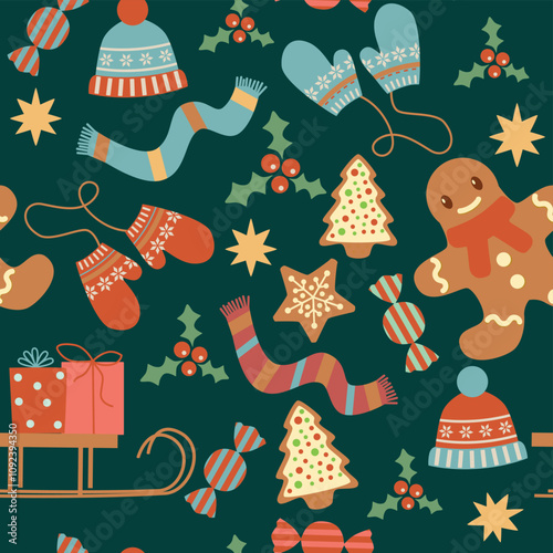 Christmas seamless pattern with gingerman, woolen gloves, hat, scarf, gifts, sweets, berries. stars.