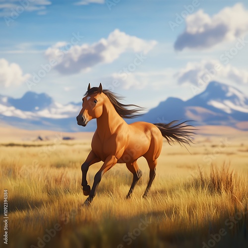 Majestic horse gallops across the open field under a bright blue sky and majestic mountains