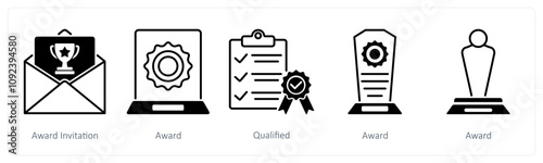 A set of 5 Award icons as award invitation, award, qualified