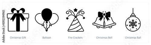 A set of 5 Christmas icons as christmas gift, balloon, fire crackers