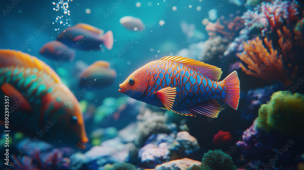 Fototapeta premium Group of colorful fish swimming through coral reef