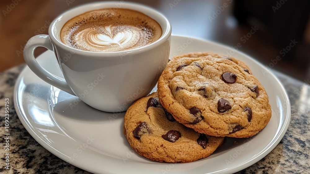 Freshly baked chocolate chip cookies on a plate next to a steaming cup of espresso with a latte art design, creating a cozy treat scene. Freshly baked chocolate chip cookies on a plate next to a steaming cup of espresso with a latte art design, creating a cozy treat scene.