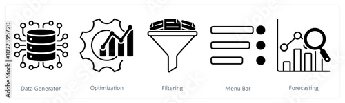 A set of 5 Diagram icons as data generator, optimization, filtering