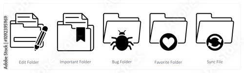 A set of 5 Files icons as edit folder, impoprtant folder, bug folder