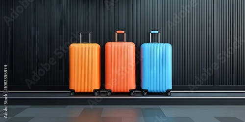 The conveyor belt at the airport and baggage claim on process concept. Three colorful suitcases lined up against a black striped background photo