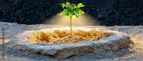 Mysterious crypt. young tree sapling grows in circular excavation site, illuminated by sunlight, symbolizing hope and renewal in barren landscape