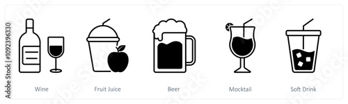 A set of 5 Food and Drink icons as wine, fruit juice, beer