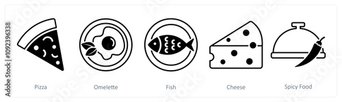 A set of 5 Food and Drink icons as pizza, omelette, fish