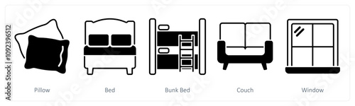 A set of 5 Furniture icons as pillow, bed, bunk bed