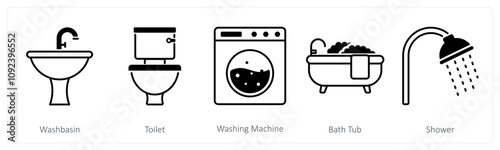 A set of 5 Furniture icons as wash basin, toilet, washing machine