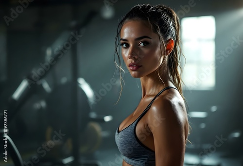 woman in figure-defining sports leggings, slightly sweaty, hair wet, in a dark gym, light shining on her, sports equipment around