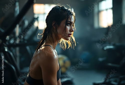 woman in figure-defining sports leggings, slightly sweaty, hair wet, in a dark gym, light shining on her, sports equipment around