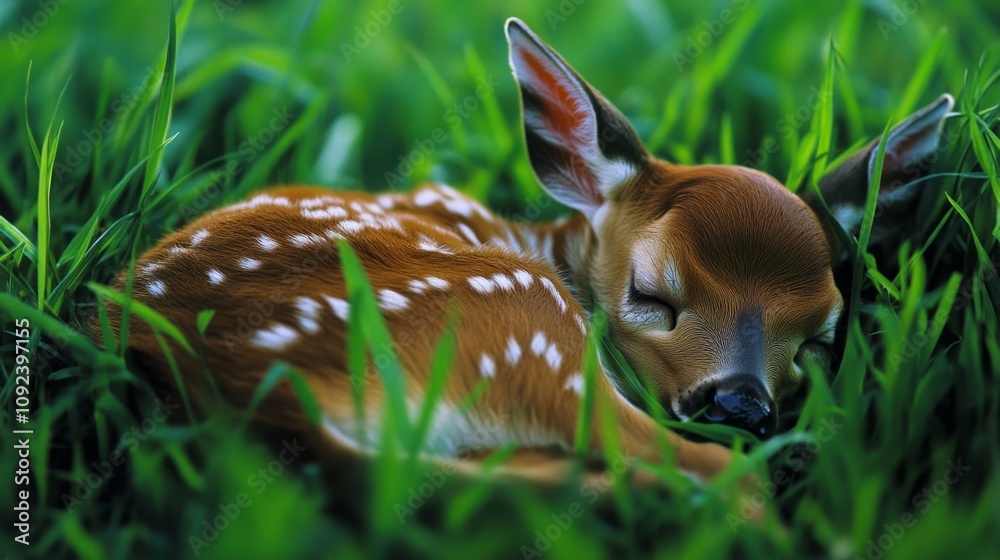 Obraz premium Fawn Sleeping in Lush Grass