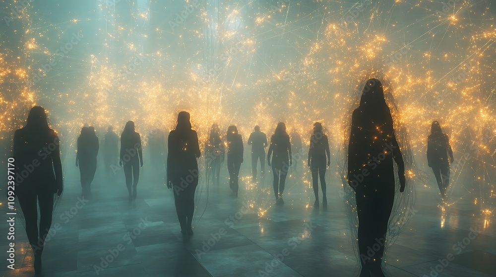 Fototapeta premium Mystical gathering of silhouettes enchanted space digital art ethereal atmosphere artistic perspective