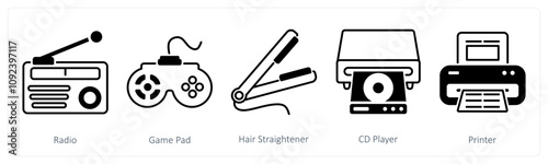 A set of 5 Home Appliances icons as radio, game pad, hair straightene