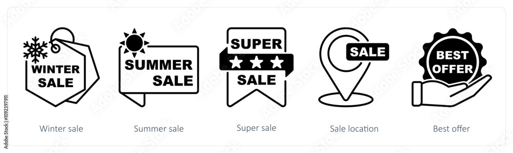 Obraz premium A set of 5 Offer and Sale icons as winter sale, summer sale, super sale