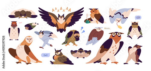 Set of funny barn, polar or eagle owls. Cute forest birds flying, sit, have fun with humorous muzzles. Comic sleepy owlet with cup of coffee. Flat isolated vector illustrations on white background.