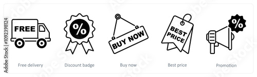 A set of 5 Offer and Sale icons as free delivery, discount badge, buy now