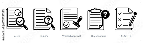 A set of 5 Survey and Rating icons as audit, inquiry, cerified approval