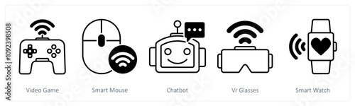 A set of 5 Technology icons as video game, smart mouse, chatbot