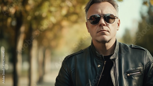 Confident biker in a black leather jacket and vintage sunglasses stands outdoors, surrounded by autumn foliage, exuding a cool, rugged charm.