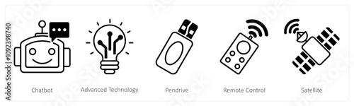 A set of 5 Technology icons as chatbot, advanced technology, pendrive