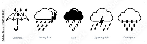 A set of 5 Weather icons as umbrella, heavy rain, rain