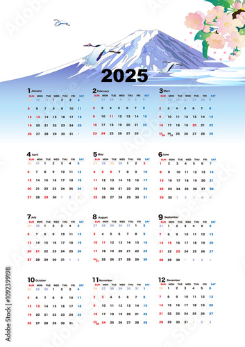 2025年カレンダー、桜の花が咲く富士山を背景に鶴