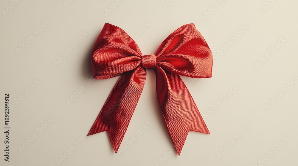 Elegant red satin bow with polished finish and flowing tails, isolated on a soft white background, showcasing intricate craftsmanship and design. Elegant red satin bow with polished finish and flowing tails, isolated on a soft white background, showcasing intricate craftsmanship and design.