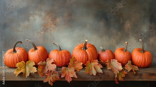 Vibrant orange pumpkins lined up on a rustic wooden table, surrounded by colorful autumn leaves, creating a warm seasonal display.