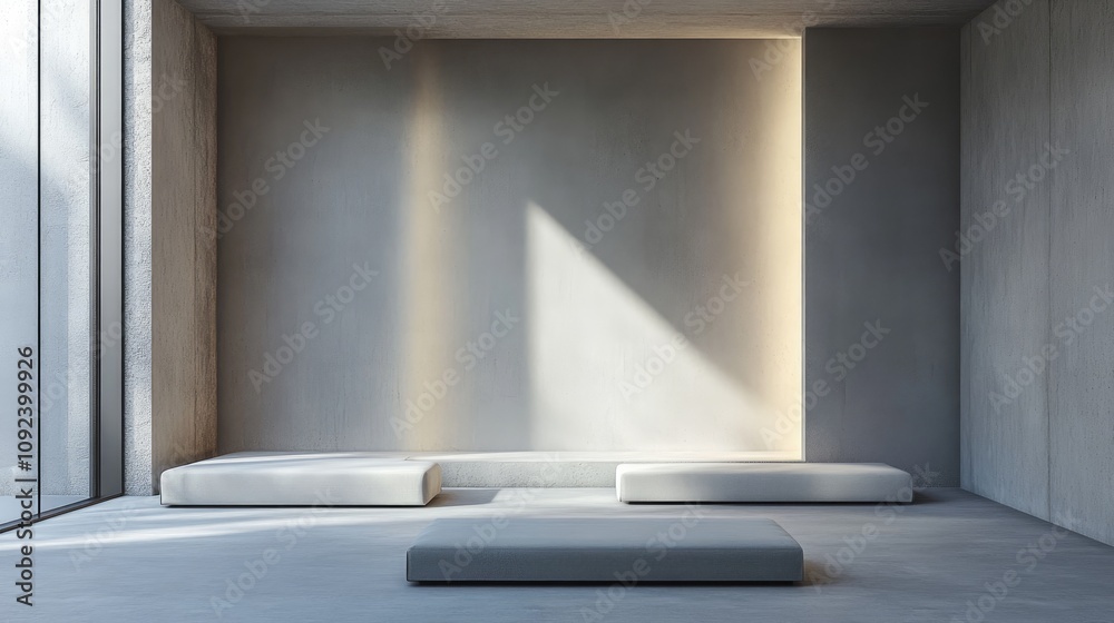 Fototapeta premium Minimalist living room with simple window lighting, zen atmosphere, and elegant, low-profile furniture creating a calm and spacious environment.