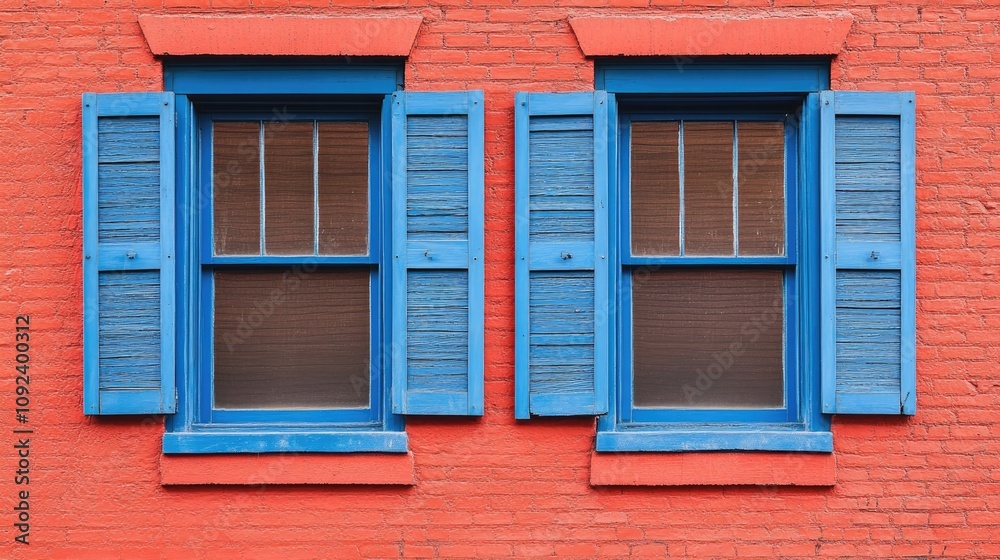 Vibrant red wall adorned with two striking blue shuttered windows, highlighting intricate architectural details and unique design features. Vibrant red wall adorned with two striking blue shuttered windows, highlighting intricate architectural details and unique design features.