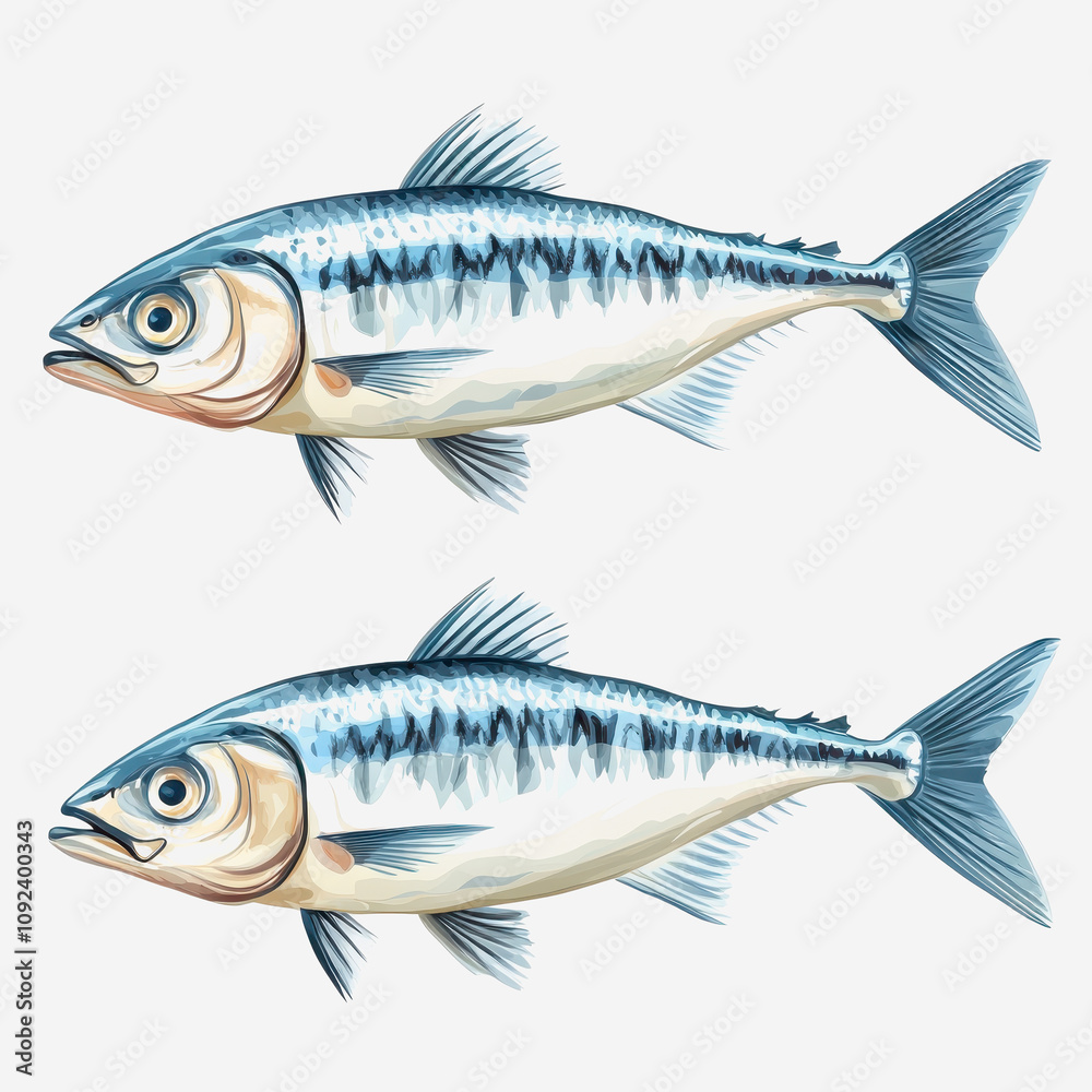 Obraz premium Detailed Illustration of Two Colorful Mackerel Fish in a Realistic Style, Perfect for Educational Purposes or Food-related Themes Featuring a Clean Background
