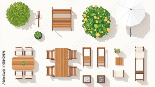 Top view of patio furniture icons, including table, chairs, and umbrella, on a light background for outdoor design