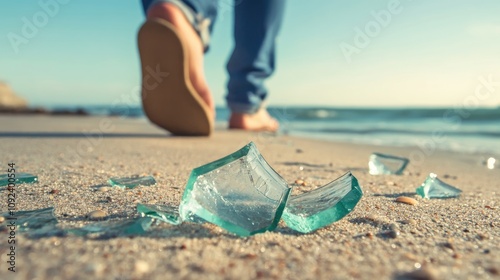 Man walking barefoot on a beach with shards of broken glass partially buried in the sand, captured from a low angle highlighting the potential danger. photo