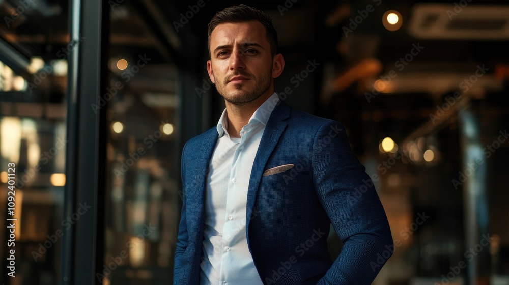 Fototapeta premium Confident entrepreneur in a smart blue suit, standing in a modern workspace with warm lighting, showcasing determination and professionalism.