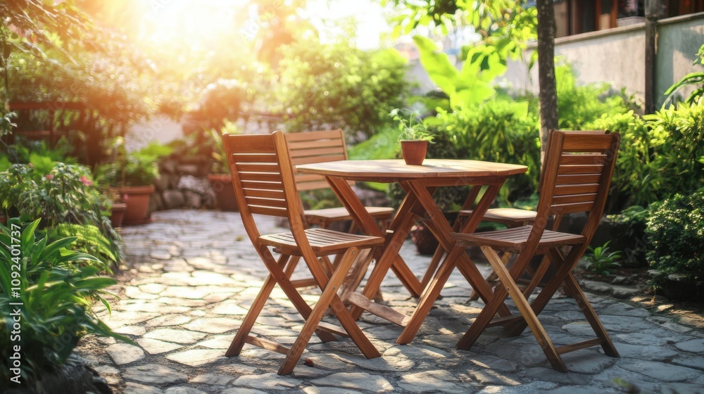Teak outdoor table and chairs arranged on a stone patio, digital Teak outdoor table and chairs arranged on a stone patio, digital