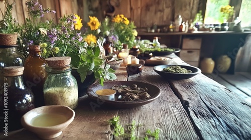 Rustic Table Display of Homemade Herbal Remedies with Tinctures, Salves, and Fresh Botanicals Surrounded by Vibrant Flowers photo