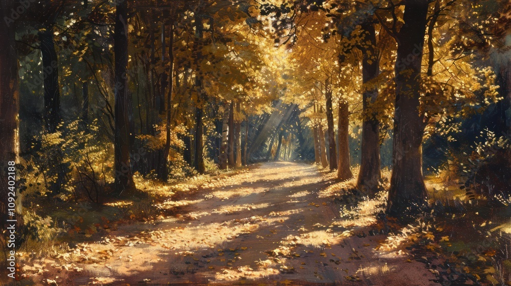 Obraz premium Sunlit path through autumnal forest.